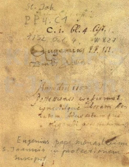 Rückseitenvermerk zur Urkunde in der Papst Eugen III. am 4. Oktober 1152 das Kloster St.Johann im Thurtal in seinen Schutz nimmt.